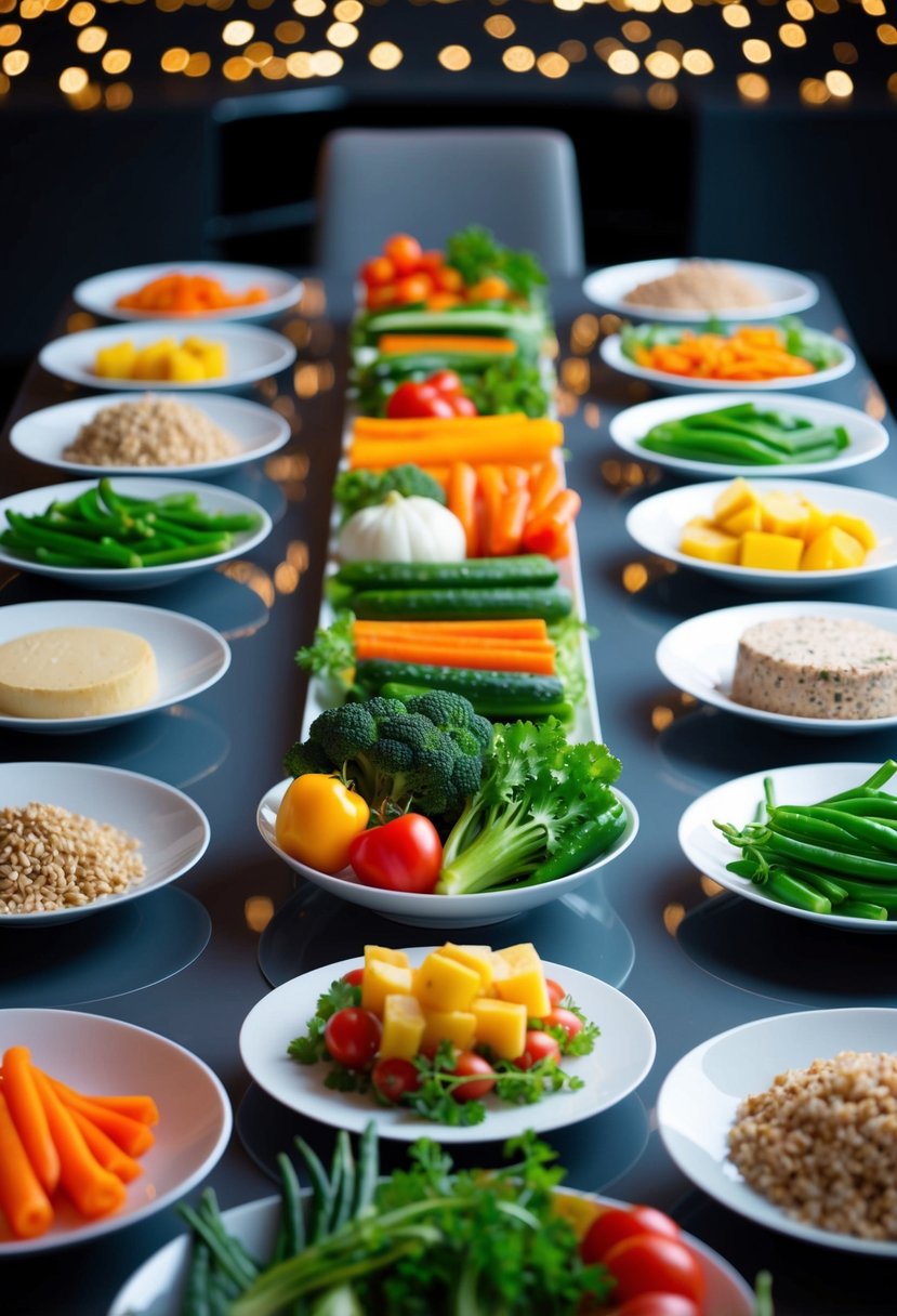 A colorful array of fresh vegetables, lean proteins, and whole grains arranged on a sleek, modern dinner table